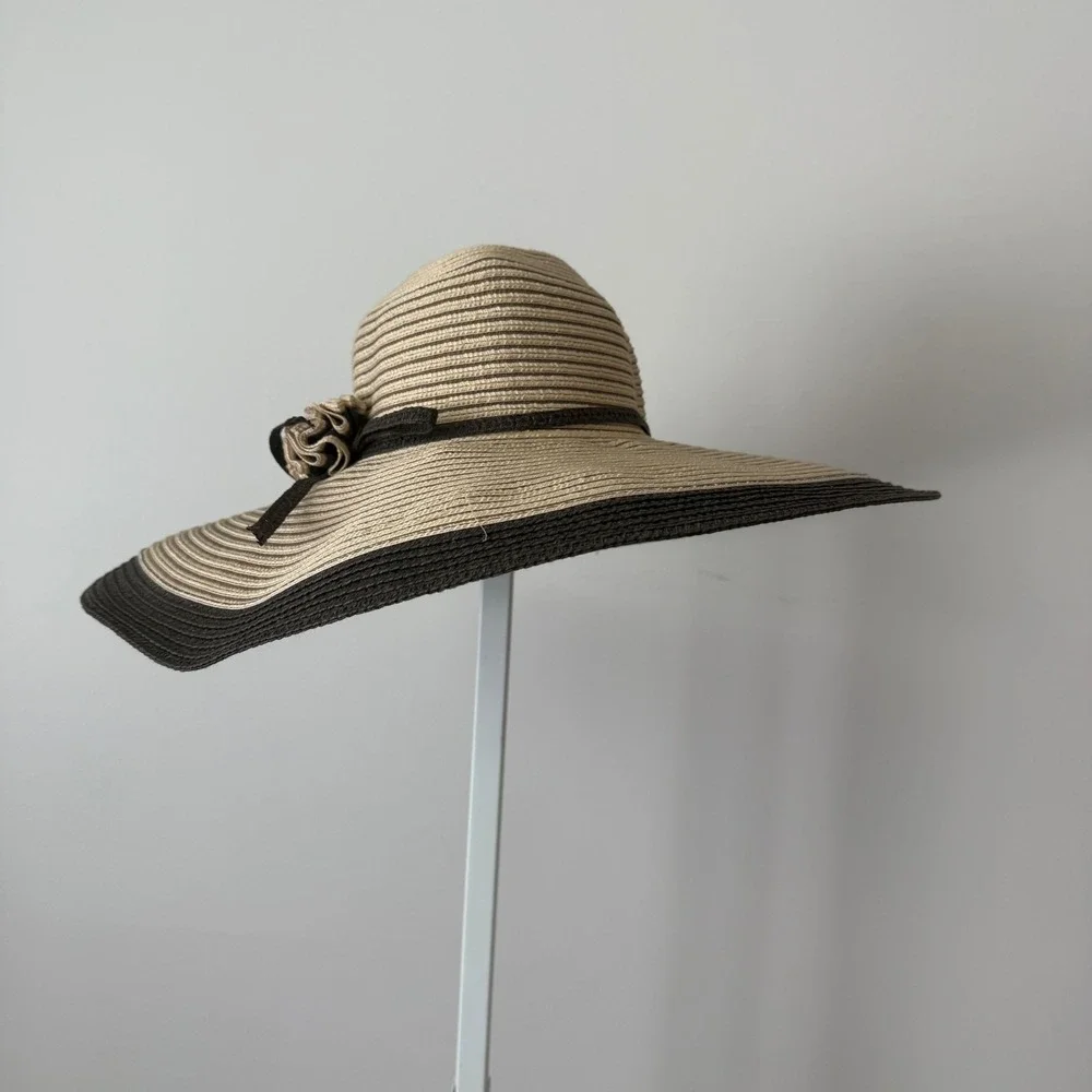 Callanan Designer OS Tan Black Sun Hat Floppy Straw Millinery Flower Beach